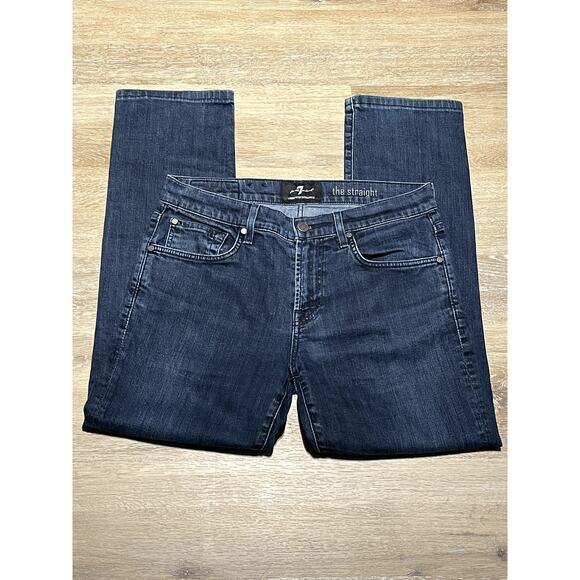 7 for all Mankind The Straight Womens 5 Pocket Jeans 32 Dark Wash Distressed EUC - Picture 2 of 16